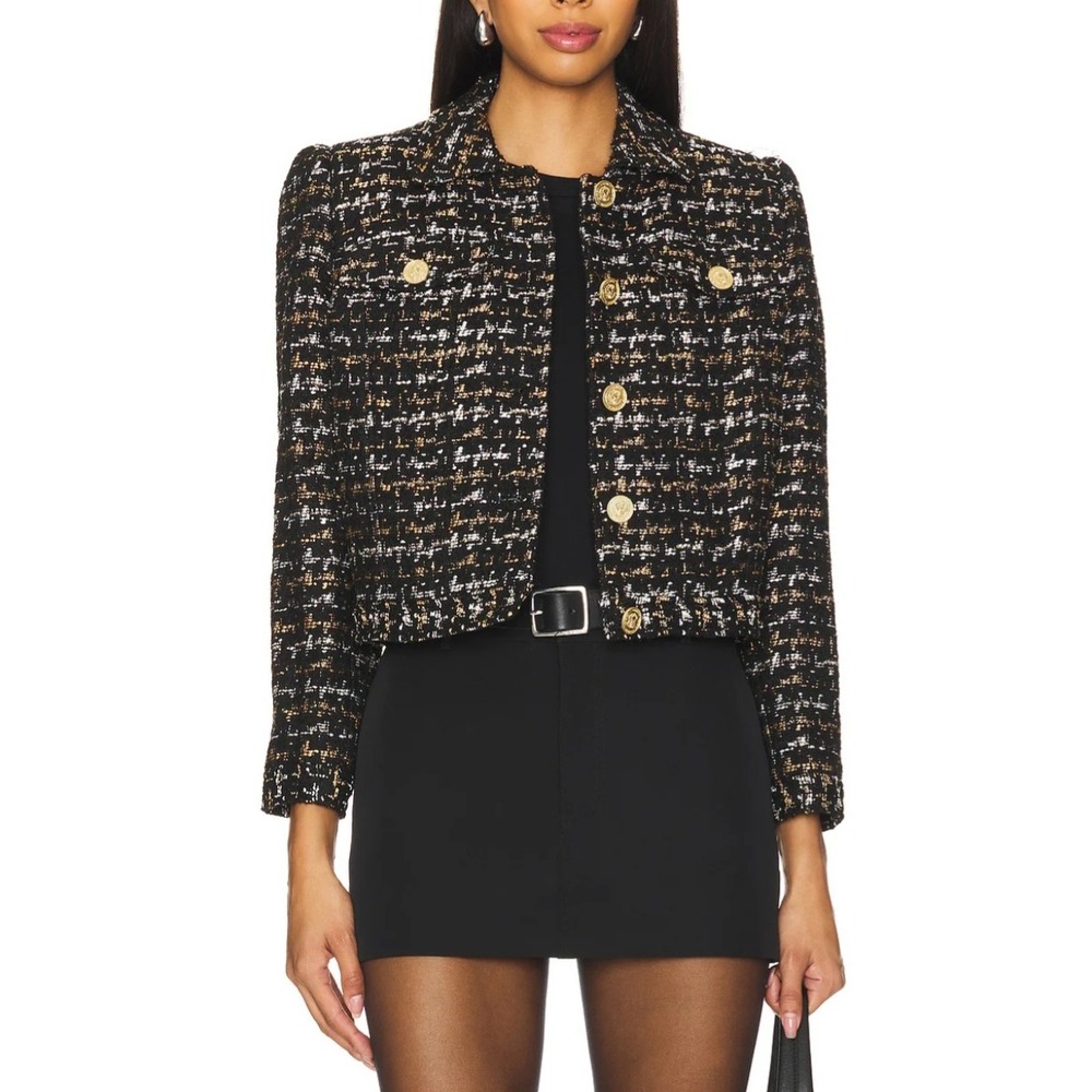 L'AGENCE Kenzie Cropped Tweed Jacket Black Gold Metallic Button Down XS/T